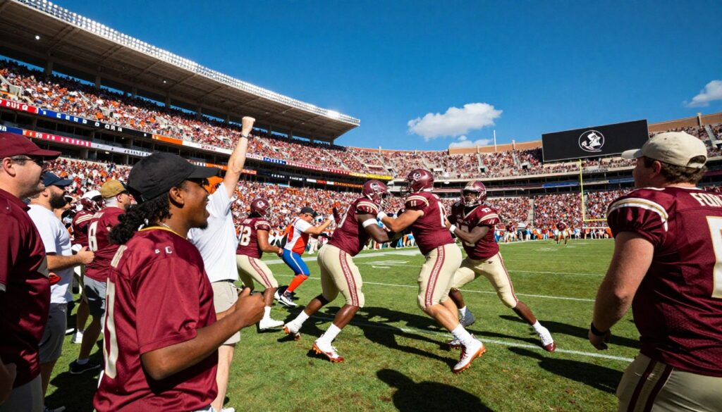 A dynamic scene depicting a historic football game between Florida State and Florida, capturing the early rivalry dominance. In the foreground, a diverse group of passionate fans in team jerseys, showcasing their excitement and tension as they cheer for their teams. In the middle ground, players collide in a fierce tackle on the field, showcasing determination and athleticism, with the iconic Florida State and Florida colors prominently displayed. The background features a packed stadium under a vibrant blue sky, with banners waving and the sun casting dramatic shadows. The atmosphere is electric, conveying the intensity and fervor of a classic showdown. The composition uses a wide-angle lens to enhance the energy, with bright, bold lighting emphasizing the action and emotion of the moment. A dynamic scene depicting a historic football game between Florida State and Florida, capturing the early rivalry dominance. In the foreground, a diverse group of passionate fans in team jerseys, showcasing their excitement and tension as they cheer for their teams. In the middle ground, players collide in a fierce tackle on the field, showcasing determination and athleticism, with the iconic Florida State and Florida colors prominently displayed. The background features a packed stadium under a vibrant blue sky, with banners waving and the sun casting dramatic shadows. The atmosphere is electric, conveying the intensity and fervor of a classic showdown. The composition uses a wide-angle lens to enhance the energy, with bright, bold lighting emphasizing the action and emotion of the moment.