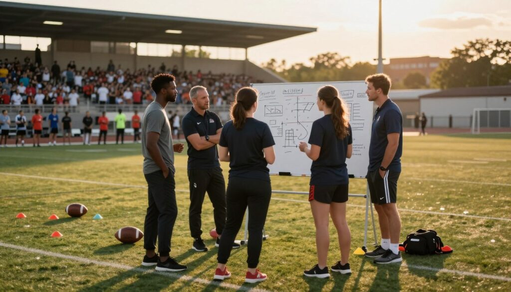 A dynamic sports coaching environment set on an outdoor football field during sunset. In the foreground, a diverse group of four coaches—two men and two women—are deeply engaged in a strategic discussion, dressed in professional sports attire. The middle ground features a whiteboard covered with detailed game strategies, play diagrams, and notes, while practice cones and footballs are scattered around, illustrating a lively training atmosphere. In the background, the stadium stands are filled with fans, blurred to emphasize the coaches, yet the excitement of the crowd is palpable. The warm lighting of the sunset casts long shadows, creating a dramatic and focused mood, highlighting the intensity of the moment as the coaches work collaboratively to prepare their team for an important game.