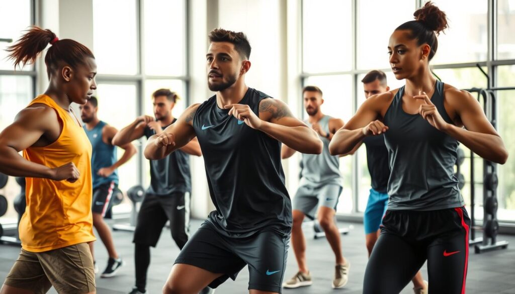 A dynamic training scene showcasing the integration of new players with returning team members in a modern gym environment. In the foreground, a diverse group of athletes engaged in synchronized drills, wearing professional sports attire, demonstrating teamwork and communication. The middle ground features weights and equipment arranged neatly, emphasizing a focus on strength and conditioning. The background shows large windows allowing natural light to flood the space, illuminating the athletes and creating a bright, energetic atmosphere. The scene captures a sense of purpose and camaraderie, with a shallow depth of field to blur the background slightly, highlighting the intensity of the workout. Use soft natural lighting and a wide-angle lens to convey openness and movement.