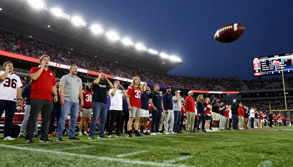 A football stadium captured at a dramatic moment during a pivotal game, focusing on a panoramic view of the field. In the foreground, a football spiraling wide right after a missed field goal attempt, its trajectory precise and determined. The middle ground showcases a diverse crowd of fans, with expressions of disbelief and tension, some in team jerseys, others with hands on their heads. In the background, the scoreboard highlights the crucial moment alongside the iconic stadium lights illuminating the scene with a tense glow. The atmosphere is electric, filled with a mix of excitement and disappointment. The image is shot from a low angle to emphasize the magnitude of the miss, with a wide lens capturing the full scope of the emotional crowd and field.