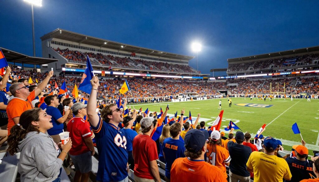 A vibrant scene depicting record crowds at Doak Campbell Stadium during a thrilling nighttime football game. In the foreground, enthusiastic fans wearing team jerseys and waving flags create a sea of color, their faces lit by the glow of stadium lights, expressing excitement and energy. In the middle, the packed stands are a mosaic of cheering fans, with some holding drinks and snacks, while a dramatic play unfolds on the field below. The background features the iconic stadium structure, bathed in bright lights against a deep blue evening sky, with the banners and scoreboards illuminating the atmosphere. The image conveys a sense of euphoria and unity, capturing the loudest drives and electrifying moments of an unforgettable night. High-resolution, wide-angle perspective, with vibrant colors and dynamic lighting effects. A vibrant scene depicting record crowds at Doak Campbell Stadium during a thrilling nighttime football game. In the foreground, enthusiastic fans wearing team jerseys and waving flags create a sea of color, their faces lit by the glow of stadium lights, expressing excitement and energy. In the middle, the packed stands are a mosaic of cheering fans, with some holding drinks and snacks, while a dramatic play unfolds on the field below. The background features the iconic stadium structure, bathed in bright lights against a deep blue evening sky, with the banners and scoreboards illuminating the atmosphere. The image conveys a sense of euphoria and unity, capturing the loudest drives and electrifying moments of an unforgettable night. High-resolution, wide-angle perspective, with vibrant colors and dynamic lighting effects.