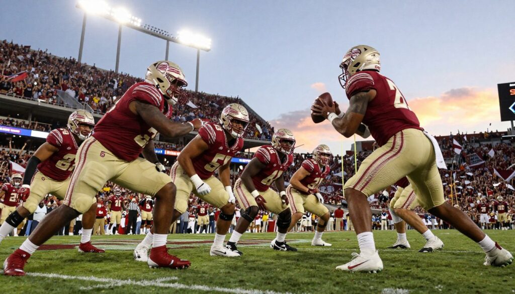 A dramatic Florida State University football scene capturing a goal-line stand defense. In the foreground, intense football players in garnet and gold uniforms, poised in an aggressive stance, displaying determination and ferocity. The middle ground showcases the opposing team’s quarterback ready to call a play, visibly tense under pressure. The background features a packed stadium filled with fervent fans, waving flags and cheering in excitement, under vibrant stadium lights casting sharp shadows. The atmosphere is electric, embodying the spirit of competition, with hints of sunset glowing through the clear sky. The angle is slightly low, emphasizing the intensity and scale of the moment, focusing on the players' fierce expressions and the strength of the defensive wall.
