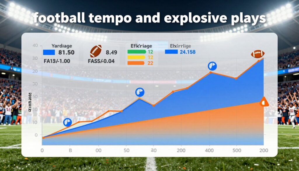 A dynamic chart illustrating "football tempo and explosive plays" with vibrant colors and clear data points. In the foreground, include a graph with bold lines representing explosive play rates, segmented by different offensive strategies, displayed in shades of blue and orange to evoke excitement. The middle layer should feature a transparent overlay of key statistics, like yardage and efficiency metrics, visualized through icons of footballs and clocks. In the background, a blurred stadium filled with fans cheering, representing the energy of a live game, with bright stadium lights illuminating the scene. The overall mood is energetic and focused, capturing the thrill of explosive football plays in a modern, analytical style.