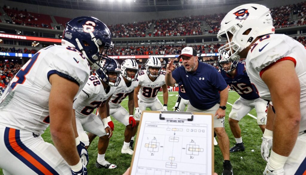 A dynamic football field scene depicting an offensive evolution strategy featuring a coach passionately illustrating the smashmouth spread philosophy. In the foreground, focus on a diverse team of players in professional football gear, engaged in a huddle with intense expressions, symbolizing teamwork and strategy. In the middle ground, visualize a football playbook on a clipboard, showcasing various formations and tactical diagrams. The background should capture a stadium filled with cheering fans under bright stadium lights, creating a lively atmosphere. The image should have a vibrant color palette dominated by team colors. Use an angle that highlights the coach and players as central figures, with a slight perspective for depth, evoking a sense of urgency and innovation in football tactics.