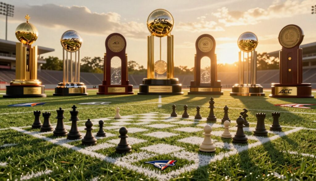 A dynamic illustration representing the strategic evolution of ACC play. In the foreground, a stylized football field carved into the shape of a chessboard, symbolizing the strategic maneuvering in the game. Midground features iconic ACC team logos subtly integrated into the grass. In the background, a collage of historic ACC championship trophies glistening under a warm golden sunset, embodying past glories. The lighting should be dramatic, highlighting the contrast between the vibrant field and the shadowy contours of the trophies. The scene conveys a sense of progression and honor, capturing the essence of competition and strategy in conference play. Utilize a low-angle view to emphasize the grandeur of the scene, inspiring a mood of ambition and victory.