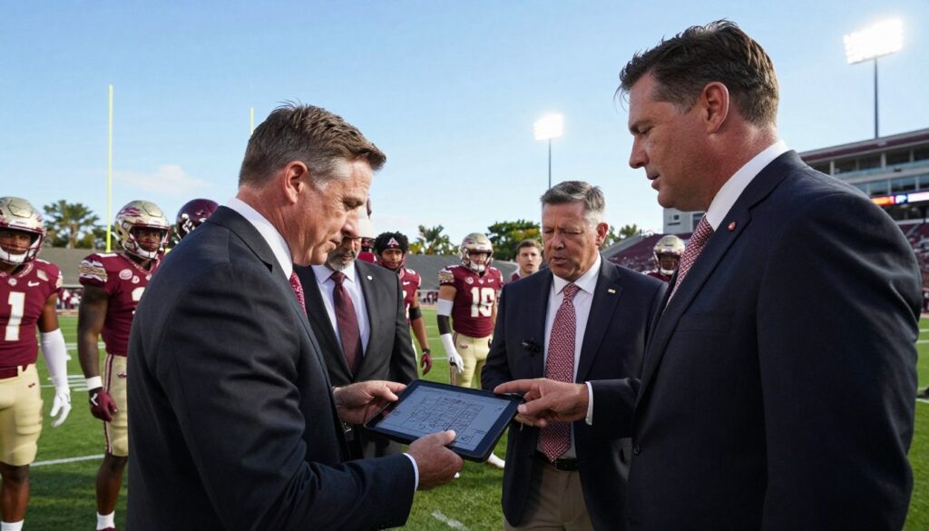 A dynamic scene featuring a group of Florida State defensive coordinators engaged in strategic discussions on the football field. In the foreground, three professionals in polished business attire, including dark suits and ties, are animatedly analyzing play diagrams on a digital tablet. The middle ground showcases a partially visible football field with goalposts and a sideline filled with players in garnet and gold uniforms, emphasizing the team's fierce identity. The background reveals a clear blue sky, suggesting a sunny day, with stadium lights shining brightly. The atmosphere is charged with intensity and focus, reflecting the critical nature of strategic defensive philosophies, such as the 4-3 and Multiple schemes. The angle captures the coaches from a slightly lower perspective to convey authority. Soft shadows enhance the depth, while the lighting highlights the determination in their expressions.