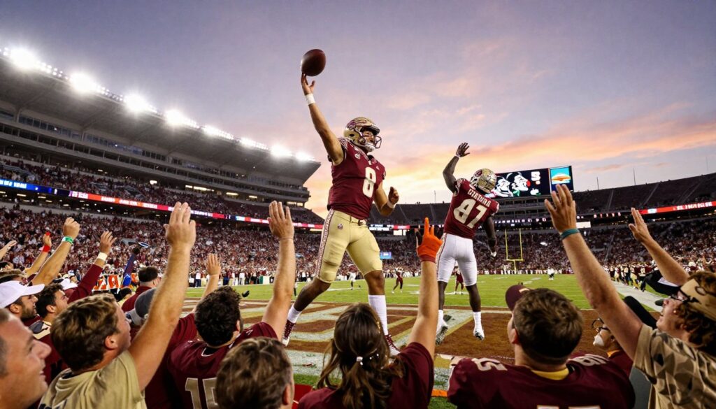 A dynamic scene showcasing Florida State’s Sugar Bowl and Orange Bowl victories. In the foreground, a jubilant crowd in garnet and gold, depicting passionate fans wearing Florida State apparel, celebrating with arms raised. In the middle ground, iconic football moments: a quarterback throwing a precise pass and a receiver making a leaping catch in the end zone, with confetti falling around them. The background features a vibrant stadium under bright floodlights, creating an exhilarating atmosphere. The sky transitions from sunset to twilight, illuminating the scene with warm tones. The overall mood is one of triumph and joy, capturing the essence of celebration and athletic excellence in college football.