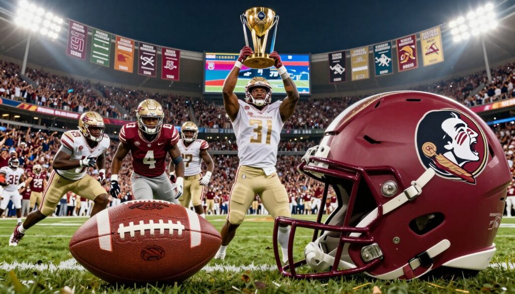 A vibrant collage illustrating Florida State University's bowl history, depicted in three distinct layers. In the foreground, a football helmet adorned with the FSU logo, with a textured ball and a backdrop of vivid garnet and gold colors. The middle layer showcases key moments from different bowl games, featuring iconic players in professional athletic attire making dynamic plays, celebrating victories, and lifting trophies, all surrounded by cheering fans in stadiums. In the background, a stylized depiction of notable bowl venues, with banners featuring years of significant games. The scene is illuminated with energetic stadium lights, conveying a mood of excitement and pride. The perspective is slightly elevated, with a shallow depth of field to bring focus to the helmet and players, evoking a sense of nostalgia and triumph in Florida State's football history.