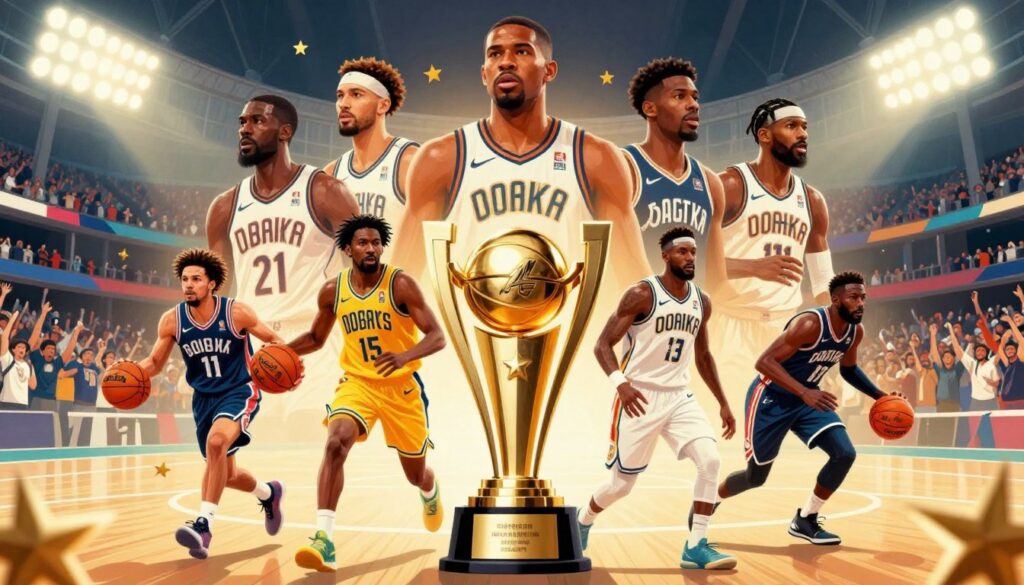 A vibrant, dynamic illustration depicting a collage of ACC MVP records. In the foreground, showcase a stylized trophy with intricate details, symbolizing the prestigious accolades. Surround the trophy with golden stars and silhouettes of notable players in professional sports attire, emphasizing their accomplishments. In the middle ground, include action shots of athletes in motion, representing both offensive and defensive highlights, with a subtle blur effect to convey speed. The background features a grand stadium filled with cheering fans under bright, focused floodlights, creating an energetic atmosphere. Use a warm color palette to evoke excitement and pride, incorporating soft shadows for depth. Capture the essence of competition and triumph within this celebrated conference.